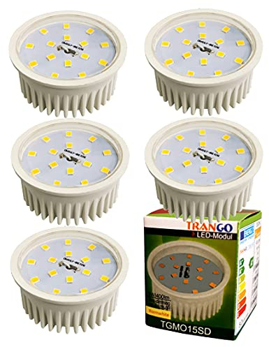 Trango 5er Pack MO15SD*5 Ultra flach 5 Watt dimmbarer LED Modul 3000K warmweiß zum Austauschen GU10 & MR16 Halogen Leuchtmittel für Einbauleuchten, Deckenstrahler, Einbaustrahler, Deckenleuchte, Spots