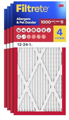Filtrete 12x24x1 AC Furnace Air Filter, MERV 11, MPR 1000, Micro Allergen Defense, 3-Month Pleated 1-Inch Electrostatic Air Cleaning Filter, 4 Pack (Actual Size 11.69 x 23.69 x 0.81 in)