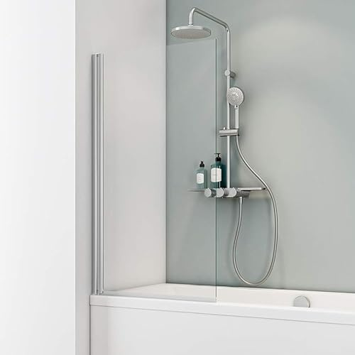 Schulte Duschwand Komfort zum Kleben, kein Bohren in Fliese notwendig, 70 x 130 cm, 5 mm Sicherheitsglas klar hell, alunatur, Duschabtrennung für Badewanne