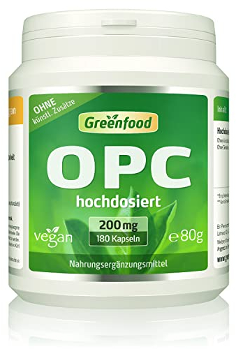 OPC (Traubenkernextrakt), extra hochdosiert, 200 mg - 180 Kapseln, vegan. Mit Bioflavonoiden - für antioxidativen Schutz. OHNE künstliche Zusätze, laborgeprüft. Von Greenfood.