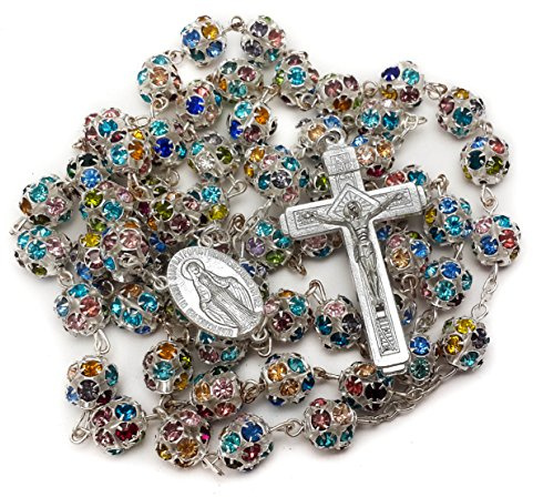 Nazareth Store Colorful Zirconia Crystal Beads Rosary Silver Catholic Necklace with Miraculous Medal Cross Crucifix Multicolor Rosaries in Velvet Bag