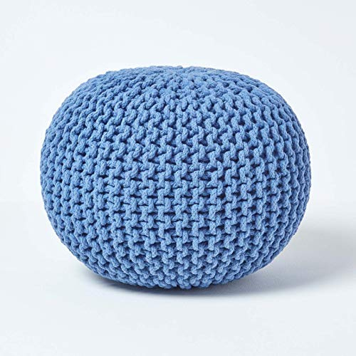 Homescapes, pouf poggiapiedi imbottito lavorato a maglia, 100% cotone, ideale in salotto, per bambini o anziani, Tessuto, Blue, 40 x 35 cm