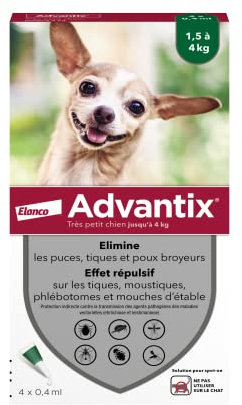 Advantix Très Petit Chien entre 1,5 et 4 kg – Pipettes pour chien contre 6 parasites – Traitement et protection pour votre chien pendant 4 semaines – 4 x 0,4 ml