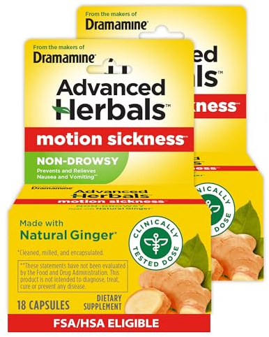 From the Makers of Dramamine, Advanced Herbals with Natural Ginger, for Nausea Relief, Morning Sickness Relief & Motion Sickness Relief During Travel, 18 Capsules, Pack of 2