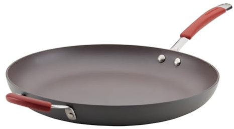 Rachael Ray 87631-T Cucina Hard Anodized Nonstick Skillet with Helper Handle, 14 Inch Frying Pan, Gray/Red