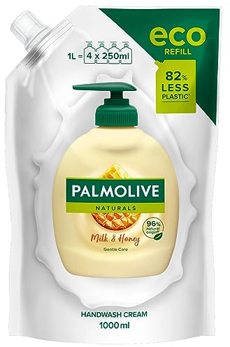 Palmolive Hand Wash Naturals Milk & Honey Liquid Soap, Dermatologically Tested Hand Wash, Gentle Large Refills Bag Use 80% Less Plastic - Refills Bag 1 Liter
