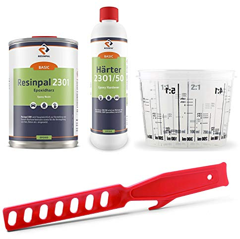 Epoxidharz Resinpal 2301 mit Härter + Mischbecher + Rührstab | 1,5 kg Epoxy Set | Transparent & Glasklar | Zum Laminieren & Gießen | Komplett für Anfänger & Profis | Kunstharz Made in Germany