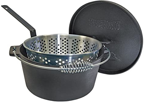 Bayou Classic Cast Iron Dutch Oven w/ Fry Basket Features Flanged Camp Lid Perforated Aluminum Basket Stainless Coil Wire Handle Grip, 20-qt Perfect For Frying Fish Chicken Shrimp & More