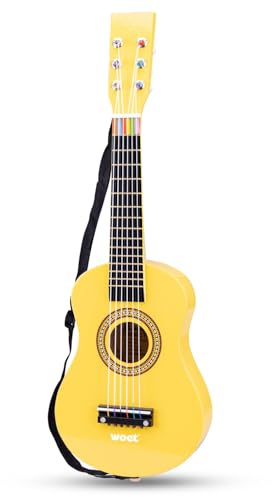 Woet® Chitarra Giocattolo Naturale in Legno per Bambini, 6 Corde in Nylon con Tracolla, Corda di Ricambio e Libretto Musicale a Colori con 3 Canzoni, Strumento Educativo, A Partire da 3 Anni