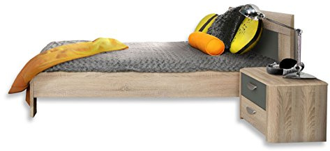 FORTE Yoop Jugendbett, Liegefläche 90 x 200 cm, Holzwerkstoff, Sonoma Eiche kombiniert mit Grau Matt,203,5 x 94 x 50 cm