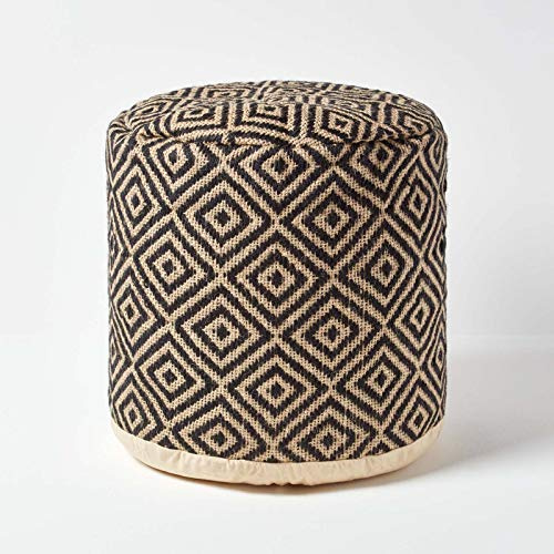 Homescapes Runder Sitzpouf schwarz-Natur, Jute Pouf Hocker Ethno Style 40x45 cm, Sitzsack-Hocker rund mit Rautenmuster
