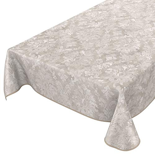 Vaxduk tvättbar trädgårdsduk vaxduk rund oval kantig inomhus utomhus barock rankmönster ljusgrå beige 240 x 140 cm med fåll – kantad
