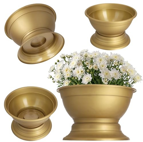 KADAX Cuenco para flores con soporte, de plástico, resistente a la intemperie, para crisantemos, pensamientos, jarrón (25,5 cm de diámetro, dorado)