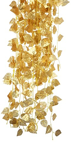 MSUIINT Goldene künstliche Blätter, künstliche Girlande, hängende Girlande, goldene Blätter, hängende Girlande für Hochzeit, Party, Garten, Weihnachtsdekoration, 12 Stück