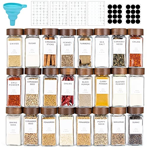 Yangbaga 24PCS Glass Spice Jars set-Glass Jars With Wooden Lids with Shaker Lids- Spices & Seasoning -Kitchen Storage & Organisation of Spice Jars With Lids And Labels Stickers…