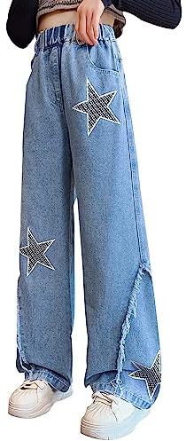 SEAUR Pantalones vaqueros para niña, cintura alta, holgados, pierna ancha, corte bootcut, pantalones vaqueros rasgados, estilo vintage, Y2K, vaqueros largos con cintura elástica, 5-15 años, A04#azul,