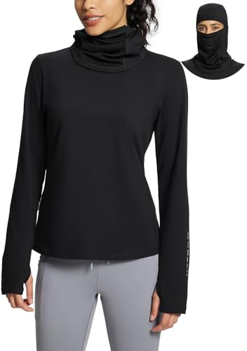 baleaf Winter Thermal Shirts Women Warm Fleece Running Tops with Balaclava and Thumbholes Outdoor Hiking Cycling Black M