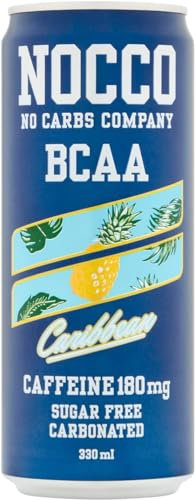NOCCO BCAA Caribe 24 x 330ml | Bebida energética rica en proteínas sin azúcar -Aumento de vitaminas y cafeína | Bebidas deportivas carbonatadas para el rendimiento y la regeneración muscular