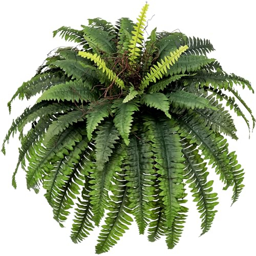 CongfuHepMui Large Artificial Ferns for Outdoor 47 Fake Boston Fern 60 Fronds Faux Ferns Plant Silk Greenery for Indoors Home Garden Porch Windowsill Decor (1 Stem)