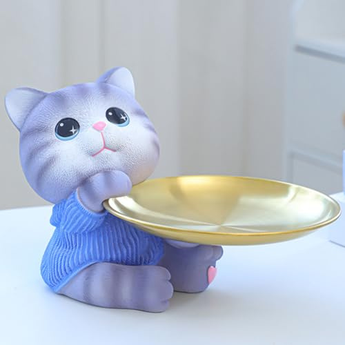 Starnearby Plateau Clé Entrée Statue Chat Vide Poche, Bol Clé Entrée Sculpture en Résine, Statue avec Plateau, Plateau Rangement Clef, Bijoux, Plateau Porte Clé et Accessoires, Décoration