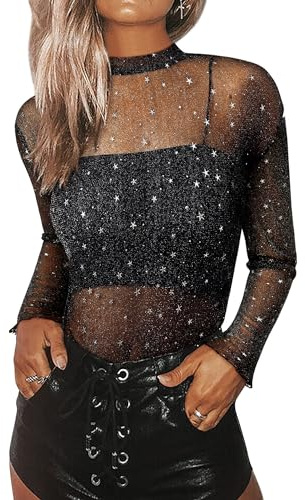 FEMLE Womens Star Mesh Long Sleeve Top Nashville Sparkly Sheer Tops Glitter See Through Shirt Concert Rave Party Outfits
