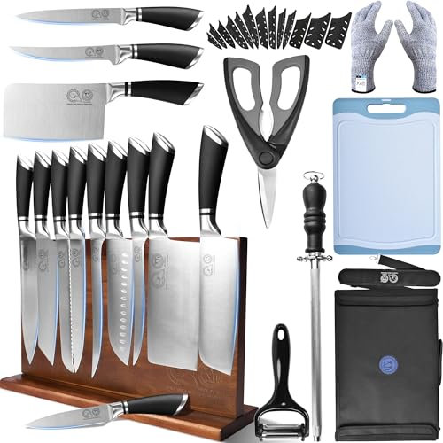 XYJ Set de couteaux professionnels pour les maîtres cuisiniers,Set de 13 couteaux de chef avec bloc de couteaux magnétique,Couteau de boucherie pour le camping