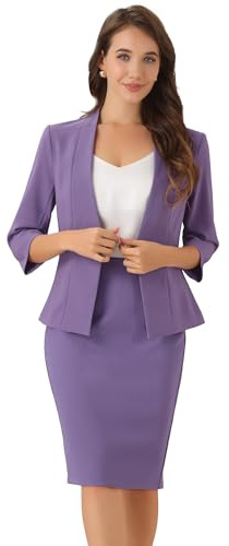 Allegra K Affärskjol med kavaj för damer, elegant outfit-set i 2 delar, för kontor och arbete, kavaj utan krage och pennkjol, lila, S