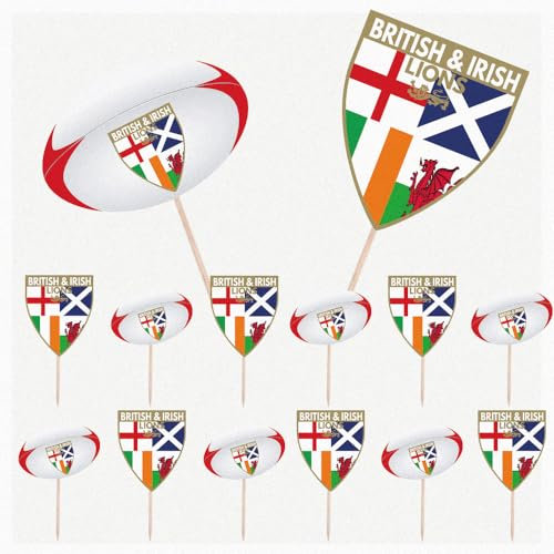 AK Giftshop Rugby Lions British and Irish Themed Decorations Toppers - Party Food - Cake Cupcakes - Picks Sticks - Stand Up Food Flags and Balls (Pack of 14)