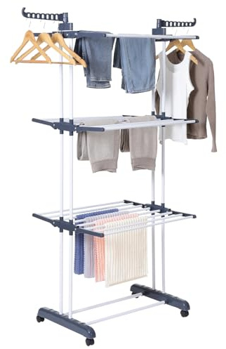various Tendedero Vertical Plegable con Ruedas 360°, Tendedero de Acero Inoxidable de 4 Niveles con Alas Laterales, Gran Capacidad para Secar Ropa, Ahorra Espacio para Interior y Exterior, Gris