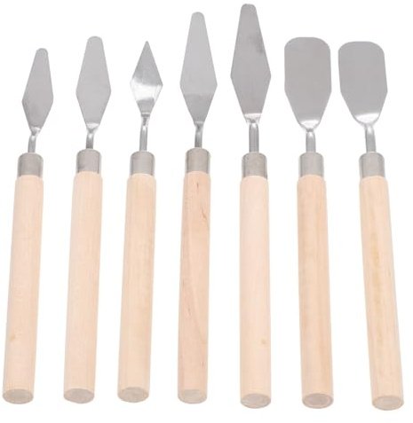IWOWHERO Spatole per Pittura a Olio e Raschietti in Acciaio Inox Manico in Legno da 7 Pezzi, Strumenti Portatili per Miscelazione e Stesura Vernice per Pittori Artistici e Modellismo