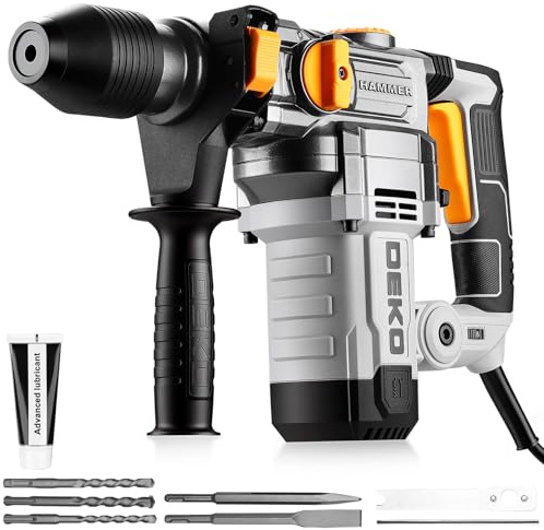 DEKOPRO Martillo Perforador de 1500W: Martillo Percutor con Energía de Salida de 5.5J, con SDS-Plus, 1000 RPM, Equipado con 3 Piezas de Brocas y 2 Piezas de Punzones/Punzones Planos