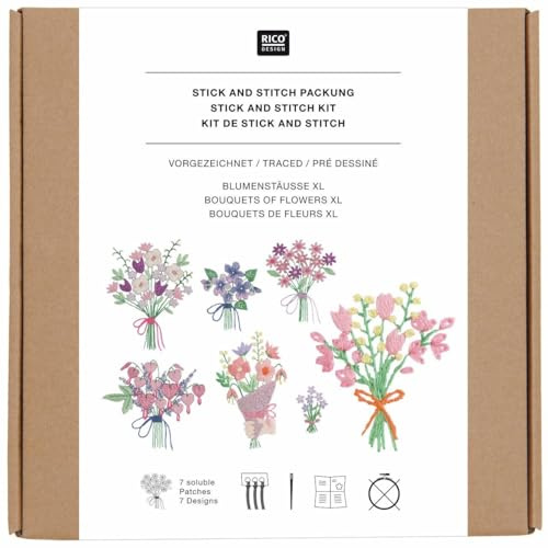 Stick & Stitch Packung, Blumenstäuße XL // 7 Stk., 7 Designs // Wasserlösliche Stickvorlage, Stickgarn, Sticknadel und Anleitung