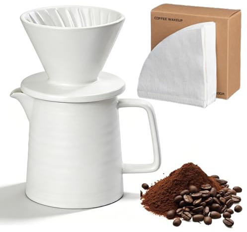 Leikurvo Pour Over - Set di caffettiera da 450 ml, in porcellana con tazza e 100 filtri di carta, contagocce in ceramica, per casa, ufficio, attività all'aperto, campeggio (bianco)