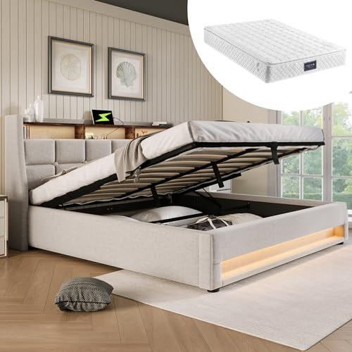 vutizal Cama tapizada de 160 x 200 cm con colchón y somier ergonómico | Cama doble XXL con funciones integradas | Estructura de cama en diseño escandinavo | Cómoda cama de invitados en lino beige