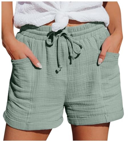 Bermuda Donna Estivi Pantaloni Cotone Lino Corti Shorts Leggeri Sportivi Eleganti Larghi Mare e Tempo Libero Eleganti Casual alla Moda Verde Grigio M