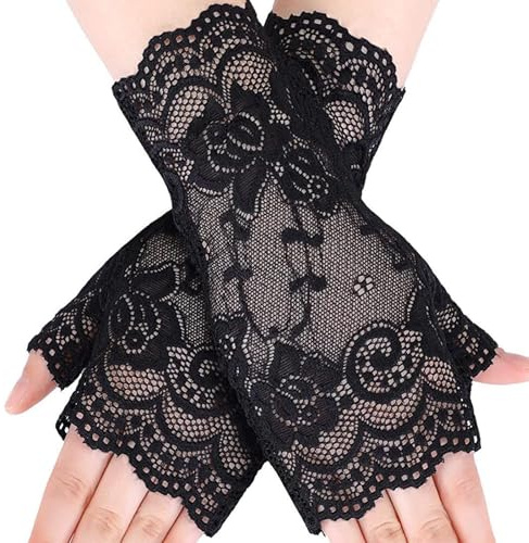 Teouuas Guantes de Encaje, Guante Cortos de Encaje para Mujer, Guantes Elegantes de Encajes para Mujer, para Halloween, Bodas, Fiestas de ópera, Protección Solar