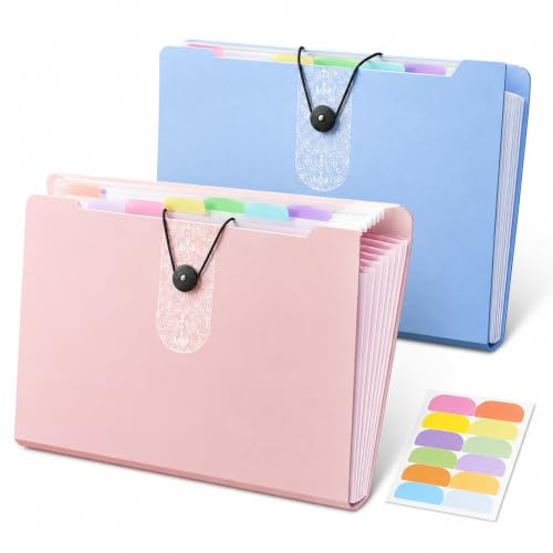 2Pcs Expanding File Folder, A4 Accordion Document Organizer with 12 Pockets