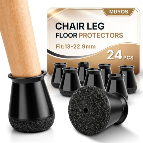 MUYOS 24 Pièces Protection Pied de Chaise, Silicone Noir, Ø:13–22.9 mm | Patins pour Chaises Anti-rayures, Réduisent le Bruit et Facilitent le Déplacement, Adaptés aux Pieds de Chaise Inclinés