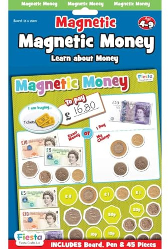 Fiesta Crafts Magnetic Money Learning Chart, Coins, Notes & Play Board | Includes Magnetic Coins, Notes & Double-Sided Play Board, Various Ways to Help Kids Learn About Coins, Notes & Value of Money