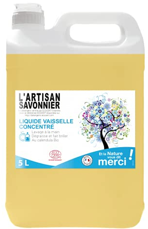 L'artisan savonnier - Liquide Vaisselle Bio 5L formule 100% végétale pour un bon lavage et dégraissage de votre vaisselle. Doux pour vos mains grâce à son parfum 100% huile essentielle