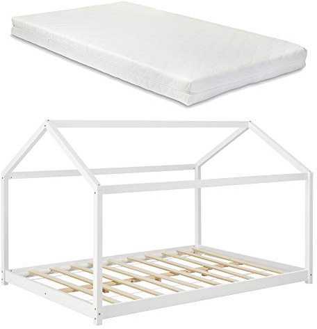 [en.casa] Kinderbett mit Matratze 140x200cm Hausbett mit Kaltschaum-Matratze ÖKO-Tex Standard 100 Bettenhaus Spielbett Kiefernholz Weiß