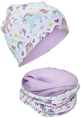 HECKBO Einhorn Beanie Mütze & Kinderschal Set - 95% Baumwolle - Reversible mit Jersey - Übergangszeit Frühling Herbst Winter (48–54 cm)