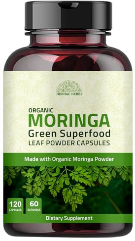 Hebhac Herbs Organic Moringa Capsules 120 Capsules 1000mg – Metabolism, & Immune Support Nutrient-Rich superfood | Non GMO and Gluten Free