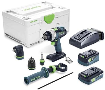 Festool Akku-Bohrschrauber TDC 18/4 5,2/4,0 I-Set QUADRIVE (mit Akkupacks, Schnellladegerät, Werkzeugfutter, Magnet-Bithalter, Schnellspannbohrfutter, Zusatzhandgriff,Winkelvorsatz,Bit), im Systainer