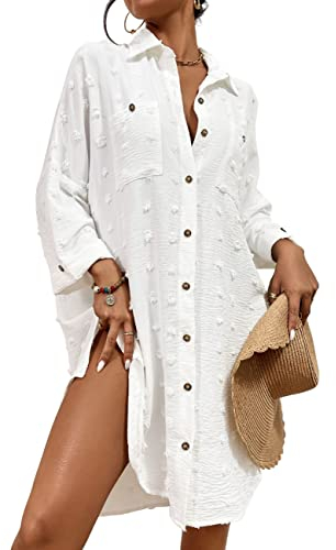 Bsubseach Badeanzug Coverup für Frauen Badeanzug Cover Up Button Down Shirt Kleider Swiss Dot Weiß