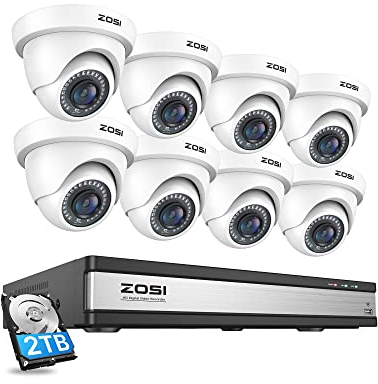 ZOSI H.265+ Kit Vidéo Surveillance, 16CH H.265+ 5MP Lite DVR et Disque Dur 2 to, 8 Caméra de Surveillance Extérieure IP66, Détection de Mouvement AI, Alerte Instantanée et Accès à Distance