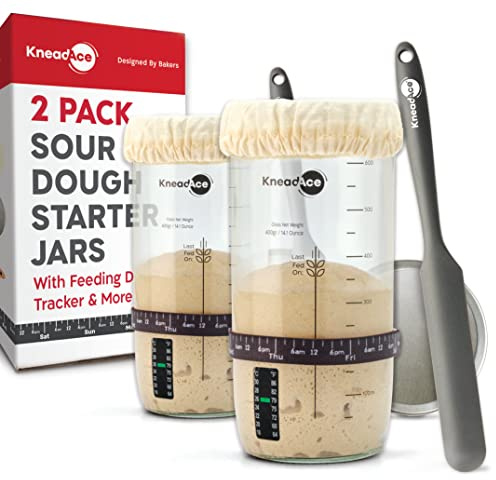 KneadAce Sauerteig-Starterglas mit Datumsmarkierung, Futterband, Thermometer, Sauerteigglasschaber, Sauerteigbehälter, genähte Stoffabdeckung und Metalldeckel, Brotbacken, 2 Stück