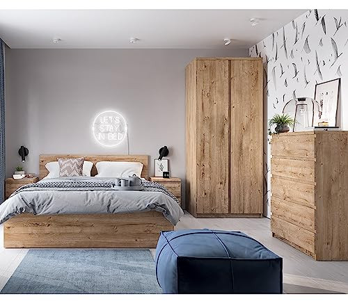 Schlafzimmer Set Bettanlage, Eiche Nb., 5-teilig, mit Bett 140x200, aufklappbarer Bettkasten, 1 Kleiderschrank, 1 Kommode, 2 Nachttische