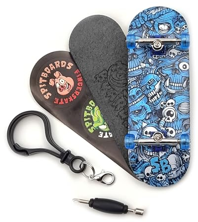 SPITBOARDS 32 * 96 mm Fingerboard Complete Wood Set-Up Assembled, 5-Layers, Silver Trucks with Bushings and Nuts, Transparent CNC Bearing Wheels, Lasered Foam Grip Tape Blue Mummy Skulls