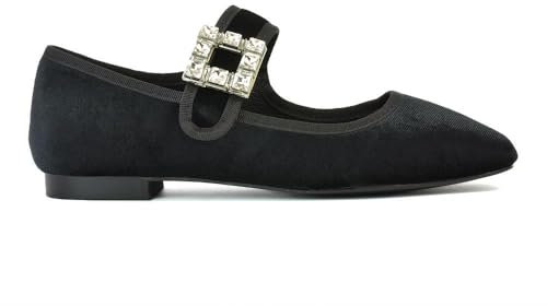 ESSEX GLAM Womens Flat Shoes Ladies Square Toe Diamante Buckle Strap Black Velvet Mary Jane Flat Walking Dolly Pumps Size 6